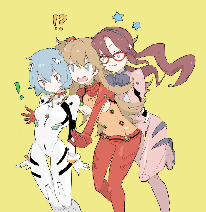 !, !?, 00s, 3girls, :3, ayanami_rei, bad_id, bad_pixiv_id, blue_eyes, bodysuit, chaki_(chackiin), evangelion:_2.0_you_can_(not)_advance, glasses, makinami_mari_illustrious, mecha_pilot_suit, multiple_girls, neon_genesis_evangelion, plugsuit_(evangelion), rebuild_of_evangelion, red_eyes, souryuu_asuka_langley, star_(symbol), test_plugsuit_(evangelion), twintails