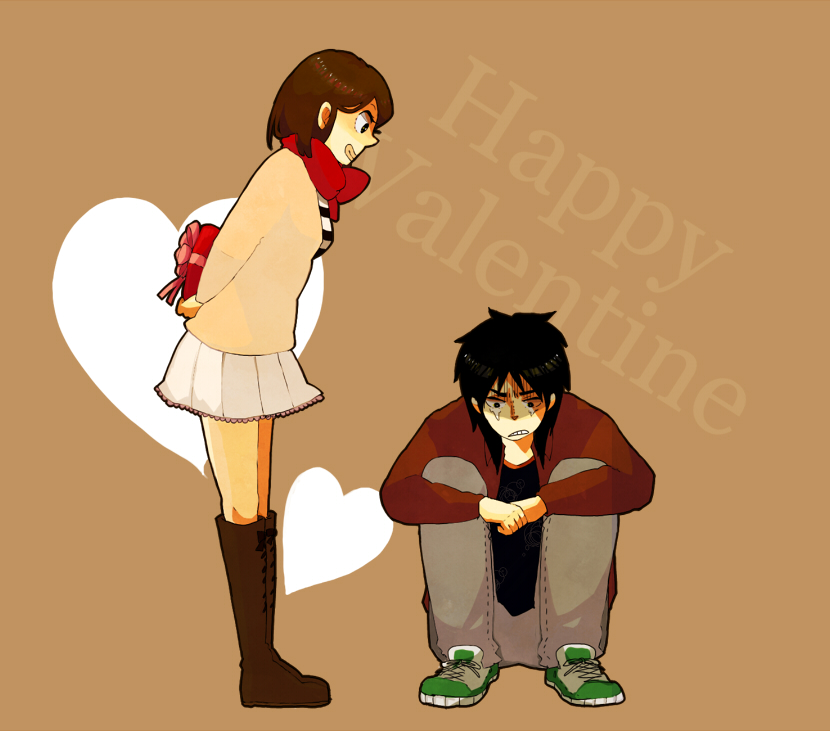 1boy, 1girl, black_hair, boots, brown_footwear, brown_hair, full_body, gift