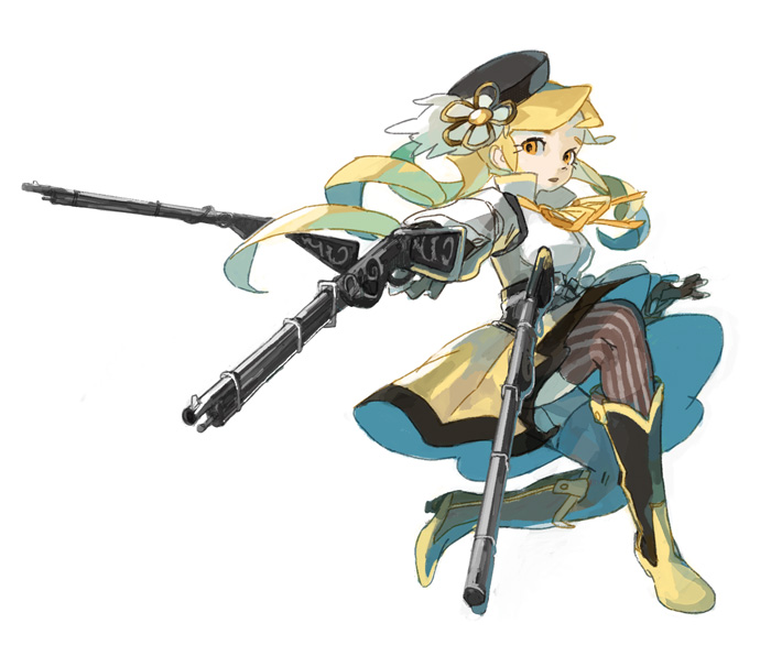10s, 1girl, beret, blonde_hair, boots, drill_hair, female_focus, full_body, gun, hat, magical_girl, magical_musket_(madoka_magica), mahou_shoujo_madoka_magica, mahou_shoujo_madoka_magica_(anime), maio, pleated_skirt, ribbon, rifle, simple_background, skirt, solo, striped_clothes, striped_thighhighs, thighhighs, tomoe_mami, tomoe_mami_(magical_girl), vertical-striped_clothes, vertical-striped_thighhighs, weapon, white_background, yellow_eyes