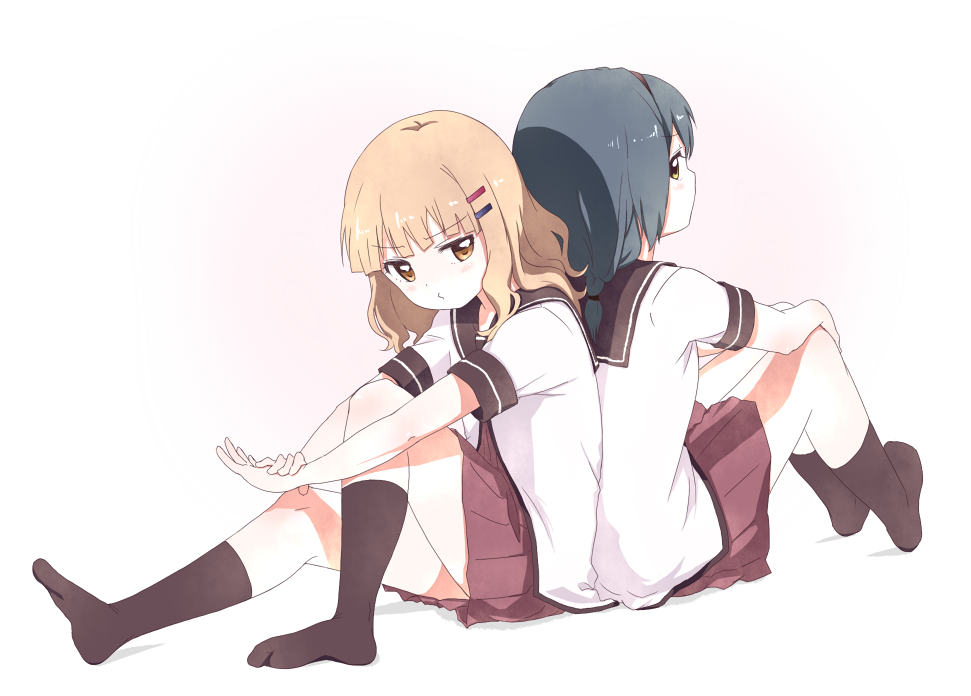 2girls, back-to-back, black_legwear, blonde_hair, blue_hair, brown_eyes, furutani_himawari, hair_ornament