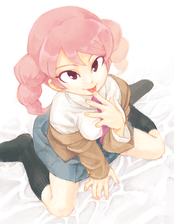 1girl, bad_drawr_id, bad_id, braid, gouenji_yuuka, himanatoki8hima, inazuma_eleven, inazuma_eleven_(series), inazuma_eleven_go, itsuki_(otsugei), jacket, long_hair, looking_up, necktie, open_clothes, open_jacket, pink_hair, skirt, twin_braids