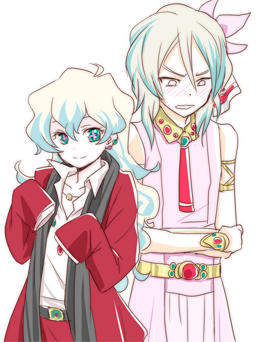 +_+, 00s, 1boy, 1girl, blonde_hair, blue_hair, blush, cosplay, cross-shaped_pupils, crossdressing, crossover, dress, earrings, flower, gouenji_shuuya, gouenji_shuuya_(cosplay), hair_flower, hair_ornament, inazuma_eleven, inazuma_eleven_(series), inazuma_eleven_go, jewelry, long_hair, long_sleeves, multicolored_hair, necklace, neko_yuuko, nia_teppelin, nia_teppelin_(cosplay), oversized_clothes, sleeves_past_wrists, smile, symbol-shaped_pupils, tengen_toppa_gurren_lagann, two-tone_hair