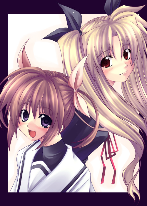 00s, 2girls, :d, black_ribbon, blonde_hair, blue_eyes, blush, border