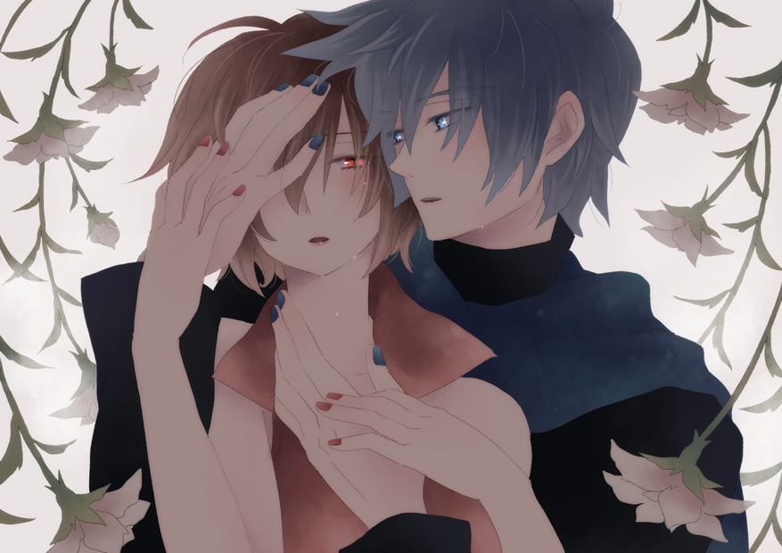 1boy, 1girl, bad_id, bad_pixiv_id, blue_eyes, blue_hair, brown_hair, fingernails