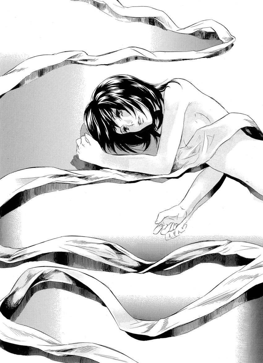 1girl, bad_id, bad_pixiv_id, black_hair, breasts, censored, convenient_censoring, doomdragon, female_focus, greyscale, halftone, highres, lips, lying, messy_hair, monochrome, monster_girl, navel, nude, on_side, original, reflection, revision, screentones, short_hair, small_breasts, solo, wakewaka_ran