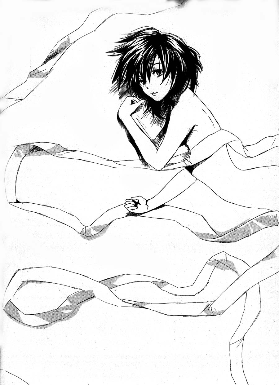 1girl, arched_back, bad_id, bad_pixiv_id, black_hair, censored, convenient_censoring, doomdragon, female_focus, greyscale, highres, lying, messy_hair, monochrome, monster_girl, nude, on_side, original, short_hair, solo, wakewaka_ran