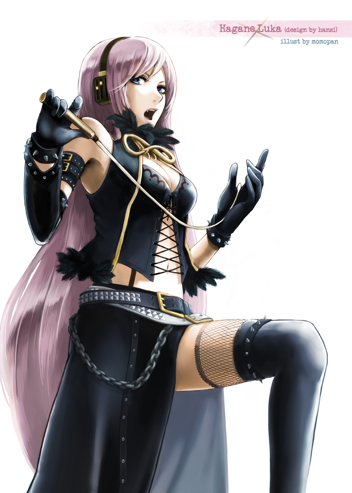 1girl, belt, blue_eyes, boots, bracelet, breasts, chain, cleavage, fangs, female_focus, fishnets, gloves, hagane_luka, hagane_vocaloid, jewelry, long_hair, looking_at_viewer, megurine_luka, momopanda, open_mouth, pink_hair, simple_background, skirt, solo, spiked_bracelet, spikes, studded_belt, thigh_boots, thighhighs, very_long_hair, vocaloid, whip