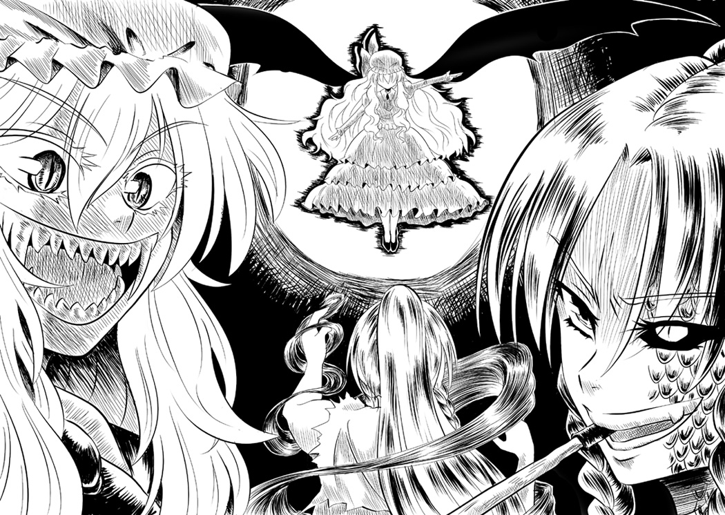 2girls, alternate_hairstyle, bat_wings, black_sclera, colored_sclera, comic, dragon_girl, dress