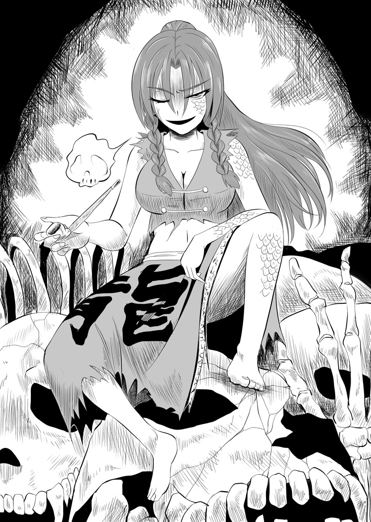 1girl, alternate_costume, barefoot, bone, braid, breasts, cleavage, clothes_writing, comic, dragon_girl, female_focus, greyscale, hong_meiling, hong_meiling_(dragon), kiseru, large_breasts, long_hair, midriff, monochrome, monster_girl, missing_headwear, no_headwear, one_eye_closed, smoking_pipe, scales, side_braid, sitting, skull, smile, smoking, touhou, translation_request, twin_braids, wasabi_shoujo