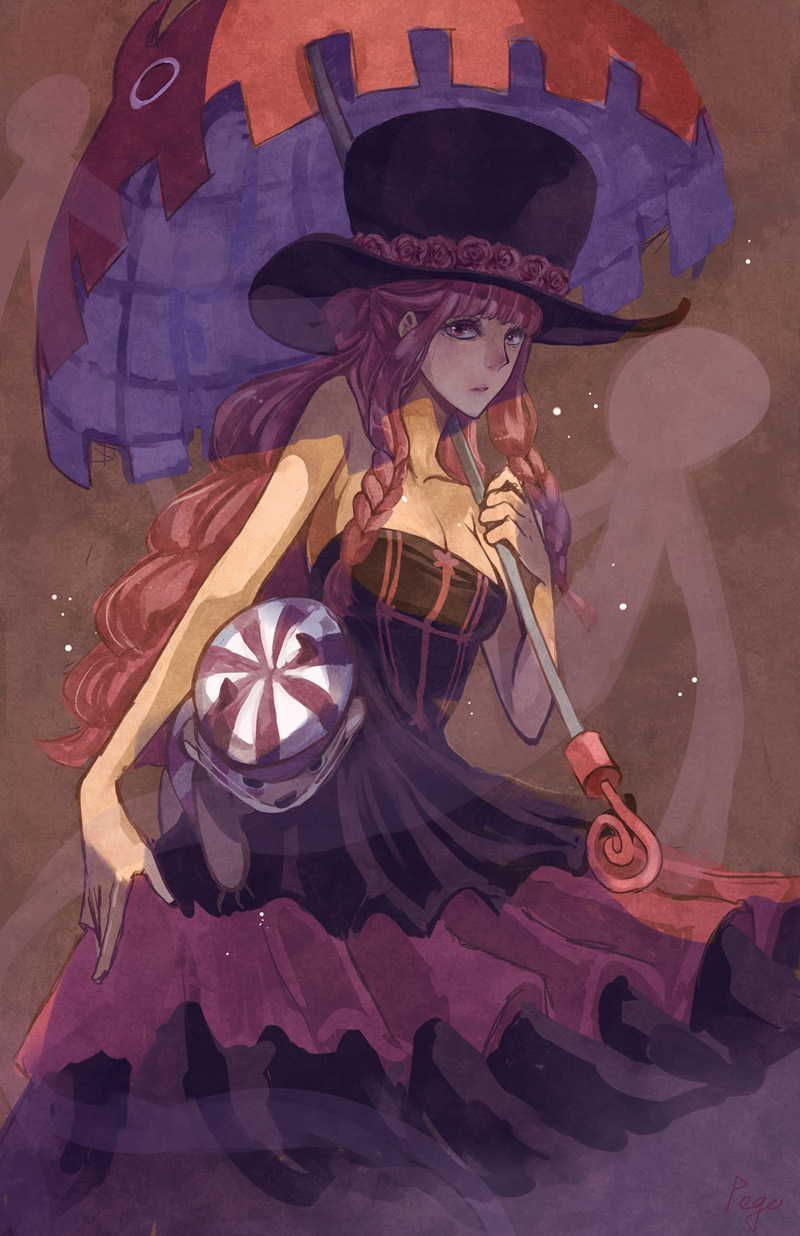 1girl, bad_id, bad_pixiv_id, bare_shoulders, black_dress, braid, breasts, cleavage, dress, expressionless, female_focus, flower, ghost, gothic_lolita, hat, hat_flower, highres, kumacy, lolita_fashion, long_dress, long_hair, matching_hair/eyes, one_piece, perona, pink_eyes, pink_hair, pipay, rose, sabaody_archipelago, solo, strapless, striped_clothes, striped_headwear, stuffed_animal, stuffed_toy, teddy_bear, top_hat, twin_braids, umbrella