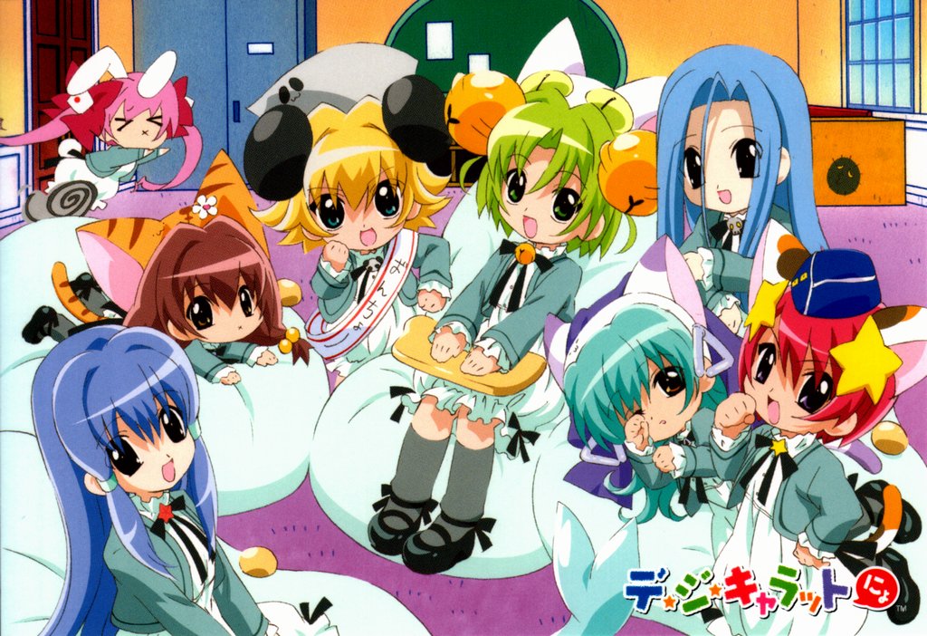 >_<, 6+girls, x_mouth, animal_ears, aqua_(di_gi_charat), aqua_hair, bell, black_eyes