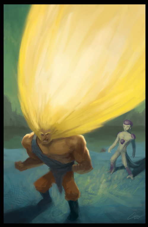 2boys, alex_chow, big_hair, blonde_hair, dragon_ball, dragonball_z, final_form_frieza, frieza, long_hair, male_focus, multiple_boys, muscular, parody, powering_up, shirt, son_goku, super_saiyan, super_saiyan_1, torn_clothes, torn_shirt, very_long_hair