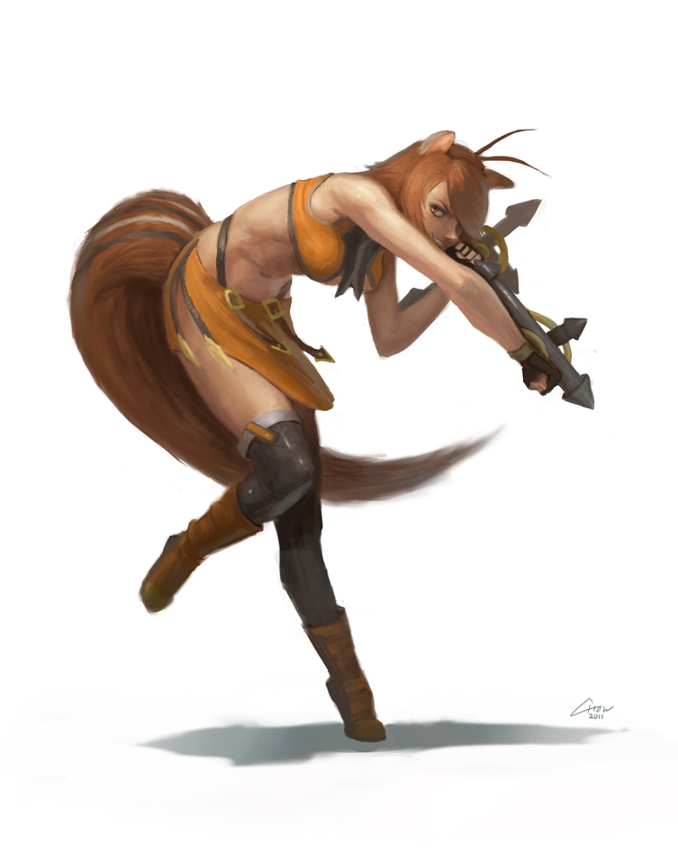 1girl, alex_chow, animal_ears, antenna_hair, arc_system_works, blazblue, blazblue:_continuum_shift, boots, breasts, brown_hair, dual_wielding, female_focus, fingerless_gloves, gloves, halterneck, holding, makoto_nanaya, midriff, miniskirt, motion_lines, navel, orange_skirt, punching, red_eyes, short_hair, skirt, solo, squirrel_ears, squirrel_tail, standing, tail, thighhighs, tonfa, weapon