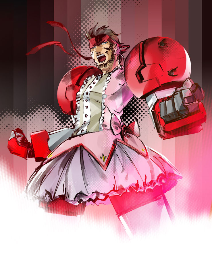 1boy, abs, bow, brown_hair, bubble_skirt, clenched_hands, cosplay, crossdressing