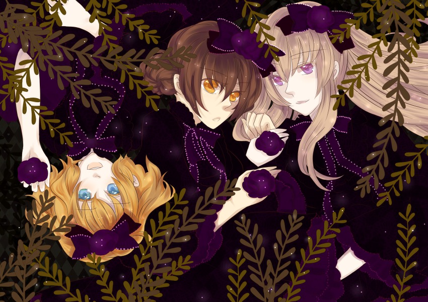 3girls, america_(female)_(hetalia), america_(hetalia), axis_powers_hetalia, blonde_hair, blue_eyes, bow, brown_hair, china_(female)_(hetalia), china_(hetalia), chizuko, chizuko_(051420623), gender_request, genderswap, hair_bow, hair_bun, highres, long_hair, multiple_girls, purple_eyes, russia_(female)_(hetalia), russia_(hetalia), single_hair_bun, yellow_eyes