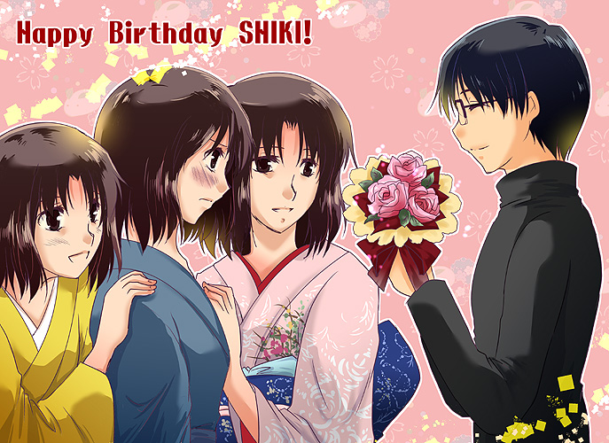 1boy, 3girls, ^_^, birthday, black_hair, blush, bouquet, brown_eyes