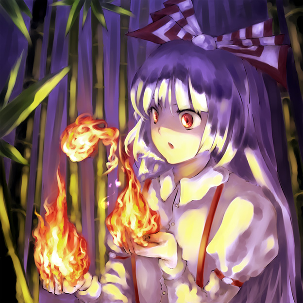 1girl, :o, bamboo, bamboo_forest, bow, element_bender, female_focus, fire