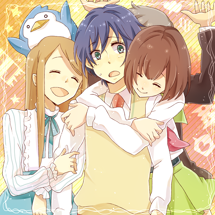 10s, 2boys, 2girls, ^_^, bird, blue_hair, brother_and_sister, brown_hair
