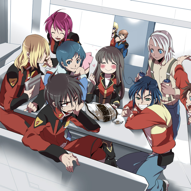 00s, 2girls, 6+boys, :>, after_war_gundam_x, amuro_ray, asu_(asoras), banpresto, black_hair, blonde_hair, blue_hair, bottle, brown_hair, candy, char's_counterattack, char_aznable, closed_eyes, crossover, eureka_seven, eureka_seven_(series), food, garrod_ran, green_eyes, grin, gundam, gundam_seed, gundam_seed_destiny, heart, jacket, kamille_bidan, loran_cehack, lunamaria_hawke, multiple_boys, multiple_girls, overalls, purple_hair, quattro_bajeena, red_eyes, renton_thurston, rey_za_burrel, setsuko_ohara, shinn_asuka, sitting, skirt, smile, super_robot_wars, super_robot_wars_z, super_robot_wars_z1, suspenders, thighhighs, turn_a_gundam, water_bottle, white_hair, zeta_gundam