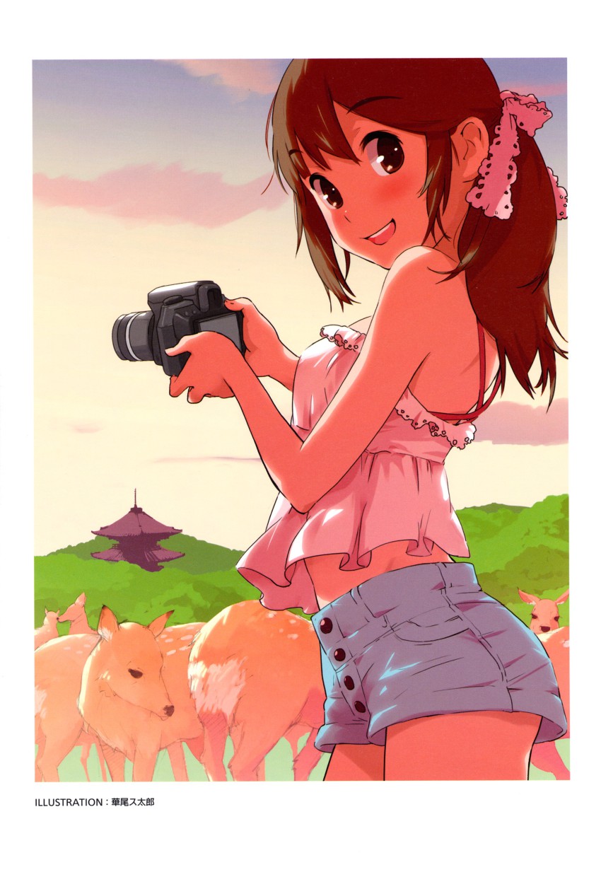 1girl, :d, absurdres, animal, architecture, artist_name, back, bare_shoulders, blue_shorts, blush, breasts, brown_eyes, brown_hair, building, buttons, camera, camisole, cloud, cowboy_shot, criss-cross_halter, cross-laced_clothes, deer, east_asian_architecture, female_focus, from_side, hair_ribbon, halterneck, hanaosutarou, happy, highres, holding, holding_camera, lace, laces, long_hair, looking_at_viewer, looking_back, midriff, non-web_source, open_mouth, original, outdoors, parted_bangs, ponytail, ribbon, scan, short_shorts, shorts, sidelocks, sky, small_breasts, smile, solo, sunset, white_ribbon