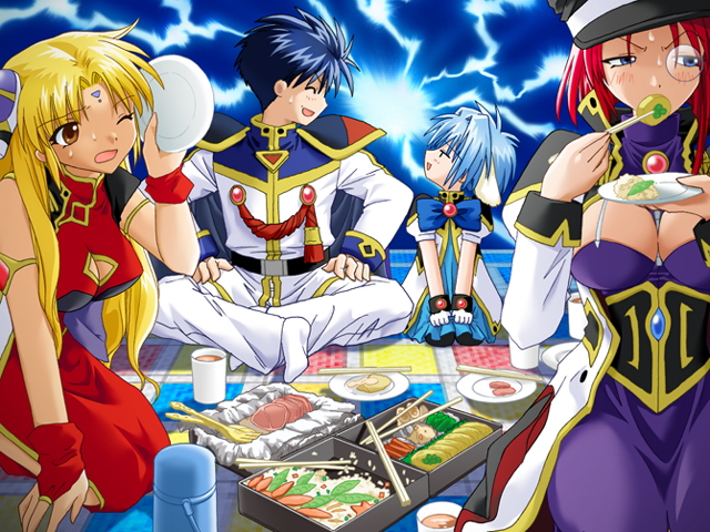 00s, 1boy, 3girls, animal_ears, blonde_hair, blue_hair, blush, breasts