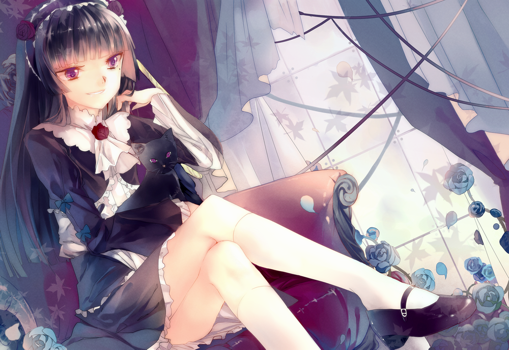 1girl, black_cat, black_hair, blue_flower, blue_rose, cat, chair, couch, crossed_legs, curtains, dress, dutch_angle, female_focus, flower, gokou_ruri, gothic_lolita, grin, leaf, legs, lolita_fashion, long_hair, maple_leaf, mary_janes, mole, mole_under_eye, ore_no_imouto_ga_konna_ni_kawaii_wake_ga_nai, red_eyes, rose, shoes, sitting, smile, solo, window, zeko