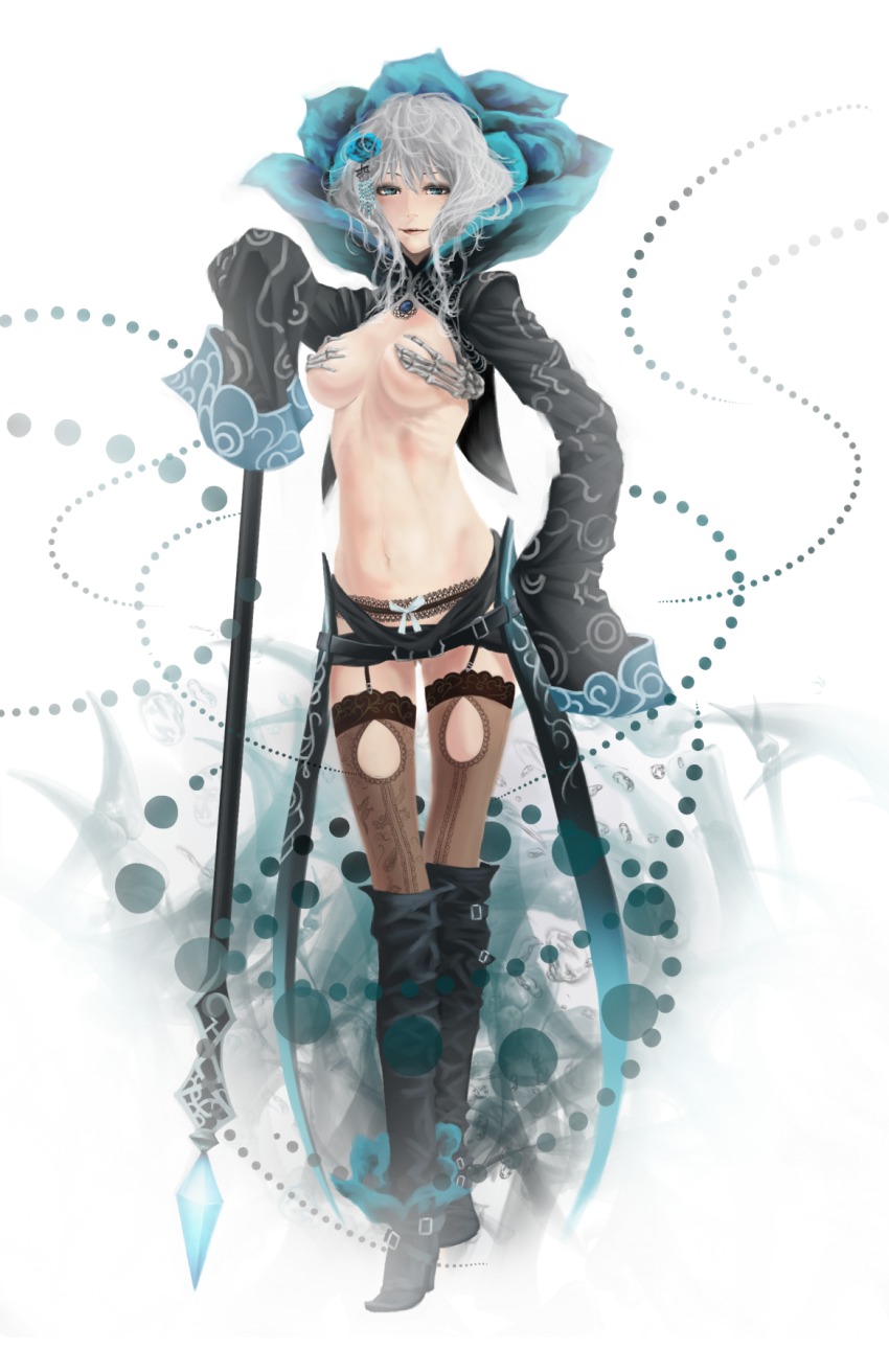 1girl, akai_kitsune, bad_id, bad_pixiv_id, belt, black_boots, black_thighhighs, blue_eyes