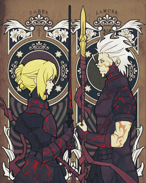 1boy, 1girl, ahoge, armor, armored_dress, art_nouveau, artoria_pendragon_(fate), bad_id, bad_pixiv_id, blonde_hair, dark_persona, diarmuid_ua_duibhne_(fate), diarmuid_ua_duibhne_(lancer)_(fate), dress, excalibur_morgan_(fate), facial_mark, fate/stay_night, fate/zero, fate_(series), gae_buidhe_(fate), hair_ribbon, nanakamado1, obuchi_(nanakamado1), polearm, profile, ribbon, saber_(fate), saber_alter, saber_alter_(fate/stay_night), spear, sword, weapon, white_hair