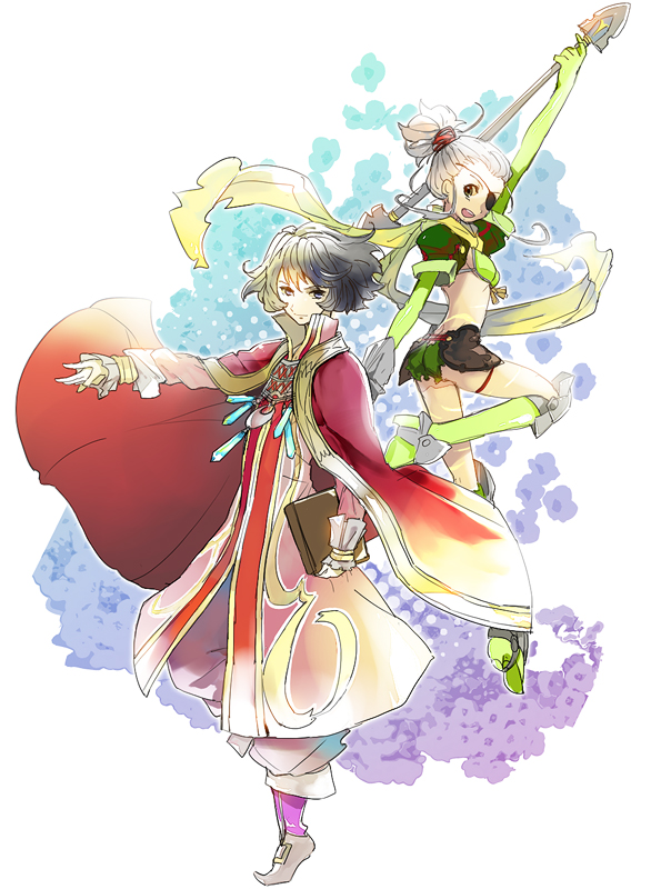 1boy, 1girl, alfa_system, bishounen, black_hair, book, boots, cape