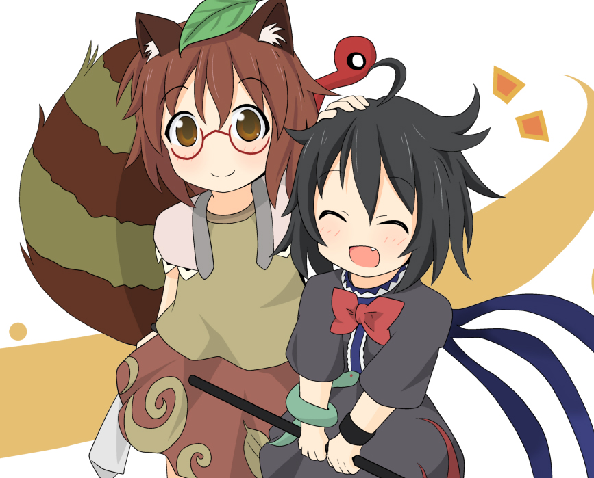 2girls, ^_^, ahoge, animal_ears, asymmetrical_wings, bad_id, bad_pixiv_id, black_hair, bow, brown_eyes, brown_hair, buchi_(shimauma_kenkyuujo), closed_eyes, dress, fang, female_focus, futatsuiwa_mamizou, glasses, houjuu_nue, leaf, leaf_on_head, multiple_girls, object_on_head, open_mouth, pat, headpat, pince-nez, polearm, raccoon_ears, raccoon_tail, short_hair, skirt, smile, snake, tail, touhou, trident, verderayo, weapon, wings