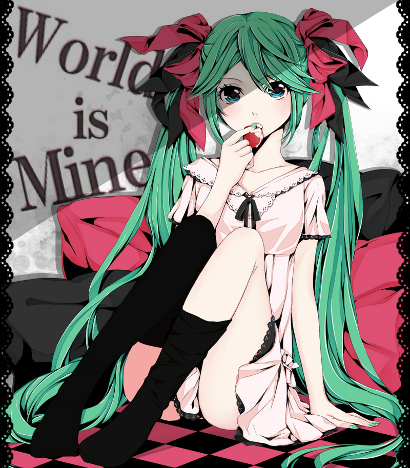 1girl, arm_support, asymmetrical_clothes, checkered_floor, cushion, dress, female_focus, floor, green_eyes, green_hair, hair_ribbon, hatsune_miku, hiro_satochi, long_hair, matching_hair/eyes, nail_polish, ribbon, sitting, socks, solo, thighhighs, twintails, very_long_hair, vocaloid, world_is_mine_(vocaloid)