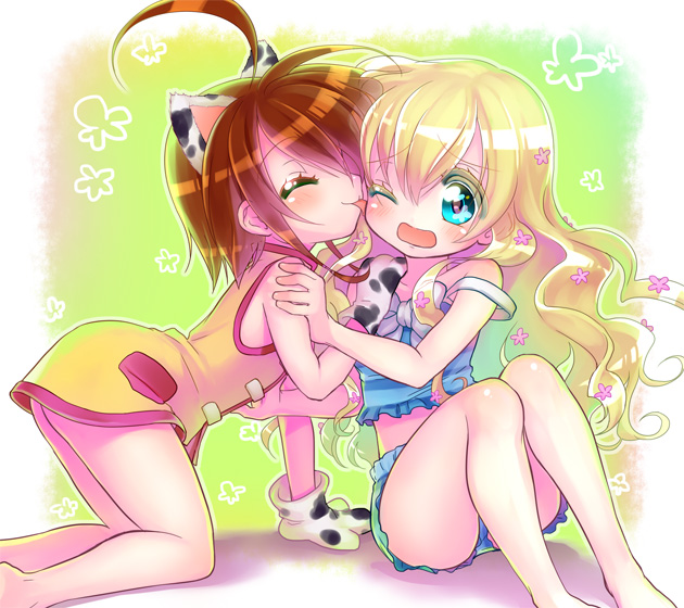 10s, 2girls, ahoge, animal_ears, aqua_eyes, bad_id, bad_pixiv_id, blonde_hair, brown_hair, cordelia_glauca, fake_animal_ears, gloves, licking, licking_another's_face, long_hair, midriff, minami_(apricot_tea), multiple_girls, one_eye_closed, paw_gloves, paws, short_hair, tantei_opera_milky_holmes, tongue, tongue_out, wink, yuri, yuzurizaki_nero