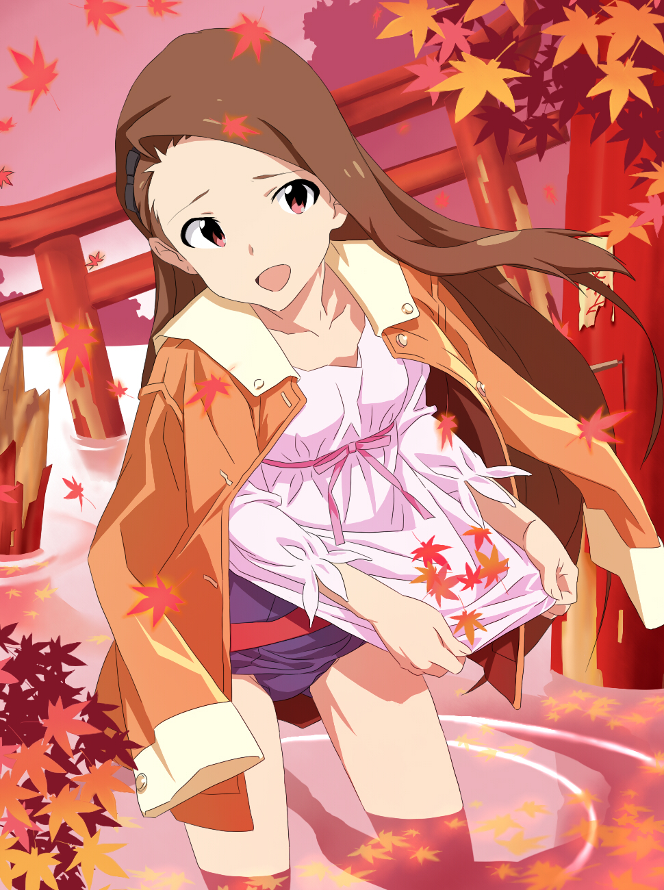 1girl, autumn_leaves, bakemonogatari, brown_hair, cosplay, female_focus, forehead, highres, idolmaster, idolmaster_(classic), jacket, jacket_on_shoulders, leaf, long_hair, maple_leaf, minase_iori, monogatari_(series), no_pants, one-piece_swimsuit, open_mouth, ripples, school_swimsuit, sengoku_nadeko, sengoku_nadeko_(cosplay), shotarou, solo, swimsuit, swimsuit_under_clothes, torii, wading, water
