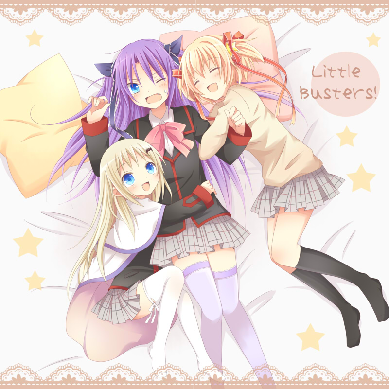 3girls, arm_hug, bad_id, bad_pixiv_id, blonde_hair, blue_eyes, blush, bow
