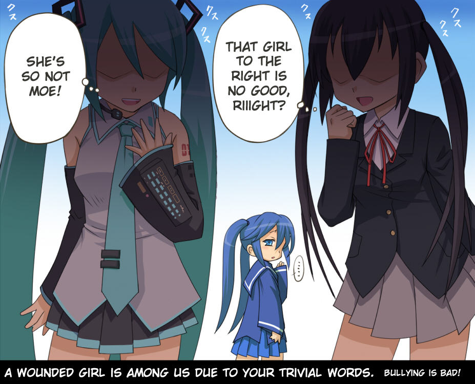 black_hair, blazer, blue_eyes, blue_hair, bullying, crossover, detached_sleeves, green_hair, hair_ribbon, hard-translated, hatsune_miku, imaichi_moenai_ko, jacket, k-on!, kobe_shimbun, long_hair, meow_(nekodenki), nakano_azusa, necktie, ribbon, school_uniform, skirt, third-party_edit, translated, twintails, vocaloid