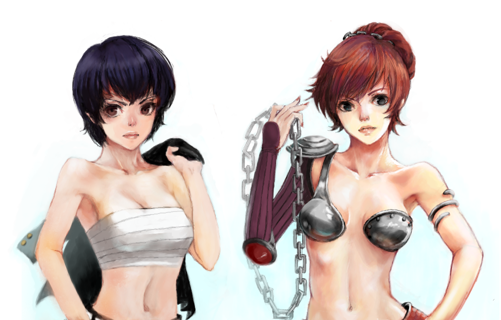 2girls, armor, bare_shoulders, benten_(urusei_yatsura), black_hair, breasts, chain, cleavage