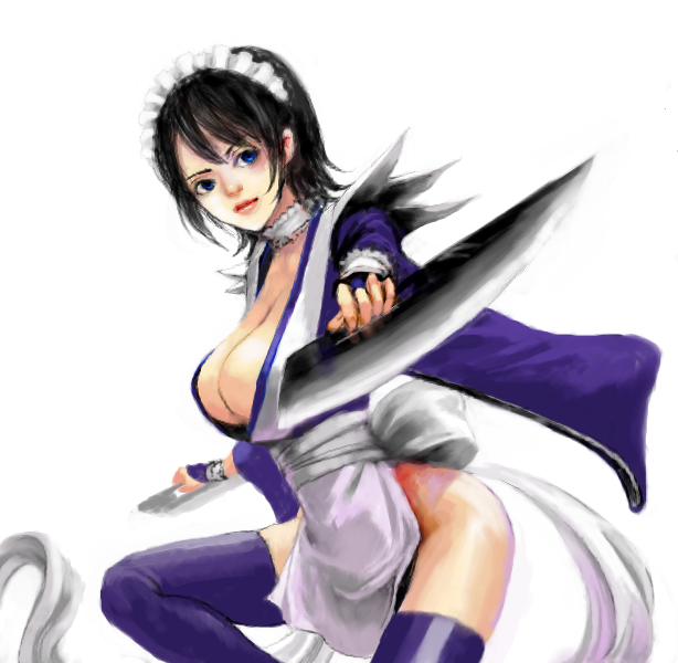 1girl, ass, black_hair, blue_eyes, breasts, choker, cleavage, female_focus, iroha_(samurai_spirits), jukai, large_breasts, legs, maid, samurai_spirits, solo, tetsuko_(jukai), thighhighs, thighs