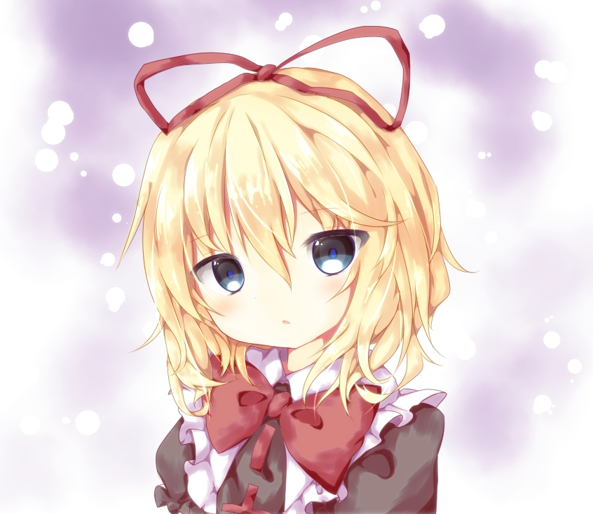 1girl, bad_id, bad_pixiv_id, black_dress, blonde_hair, blue_eyes, bow, dress