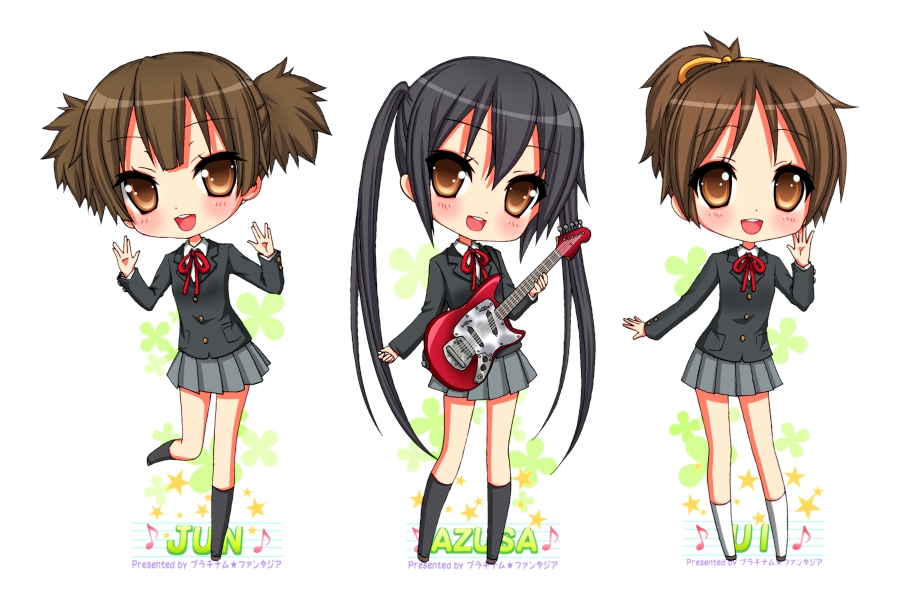 3girls, black_hair, brown_eyes, brown_hair, chibi, electric_guitar, guitar, hirasawa_ui