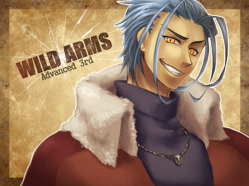 1boy, blue_hair, brown_background, coat, copyright_name, earrings, grin, janus_cascade