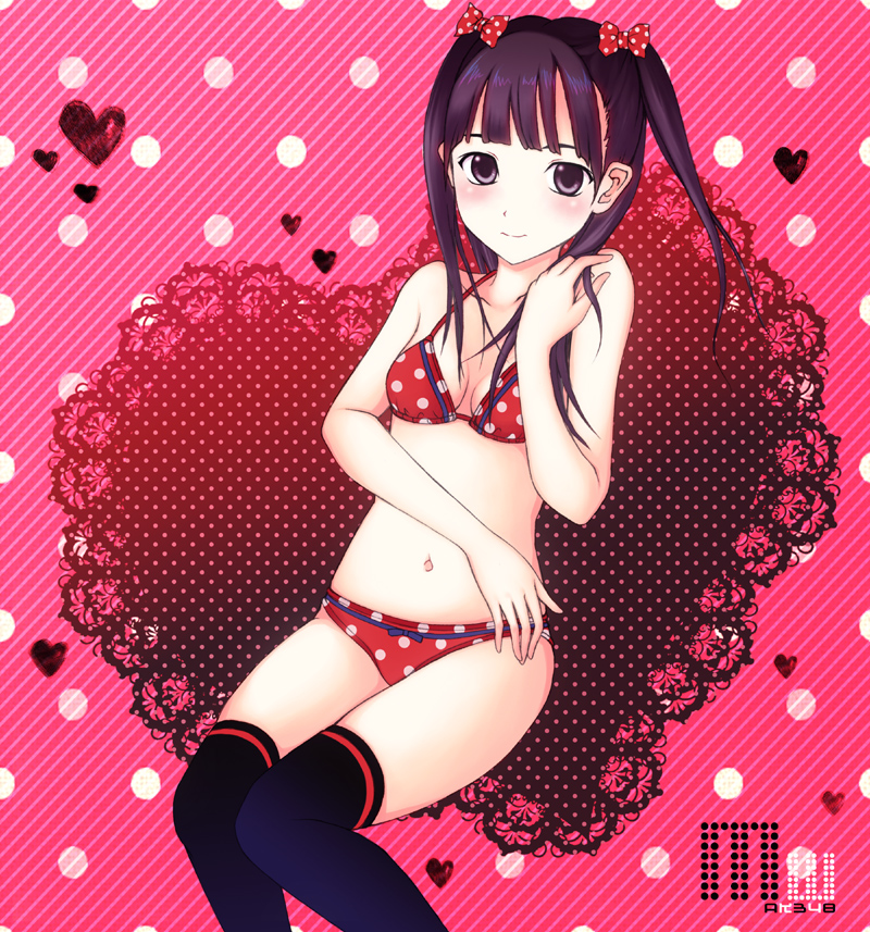 1girl, akb48, bikini, black_eyes, black_hair, female_focus, navel, neuron_(exceed)