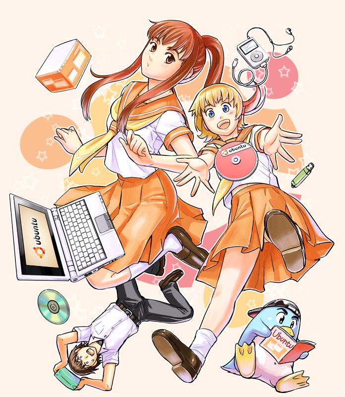 1boy, 2girls, apple_inc., baseball_cap, bird, blonde_hair, brown_hair, cd