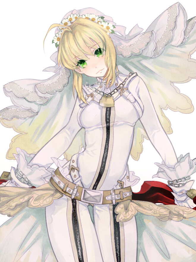 10s, 1girl, aestus_estus, ahoge, belt, blonde_hair, bodysuit, chain