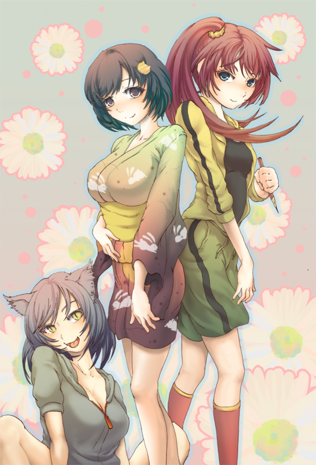 3girls, animal_ears, araragi_karen, araragi_karen_(cosplay), araragi_koyomi, araragi_koyomi_(cosplay), araragi_tsukihi, araragi_tsukihi_(cosplay)