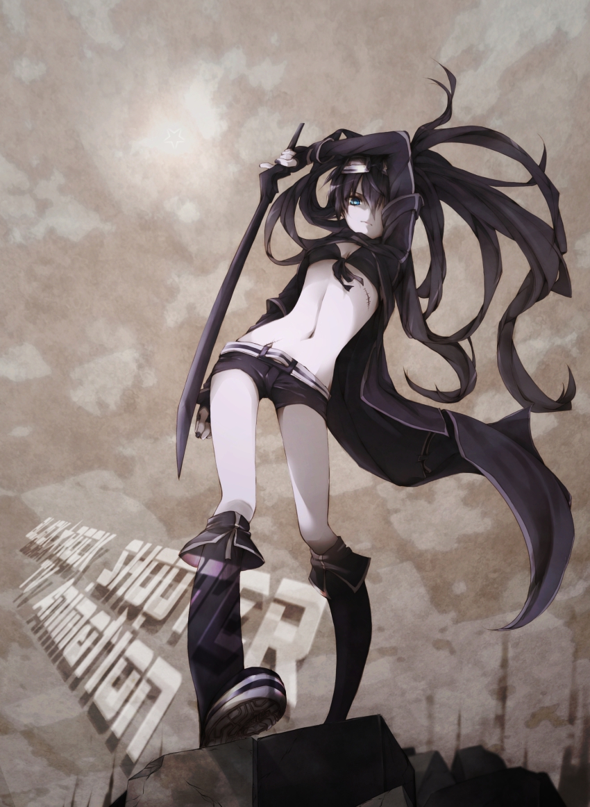 10s, 1girl, absurdres, belt, bikini, bikini_top_only, black_hair, black_rock_shooter, black_rock_shooter_(character), blue_eyes, female_focus, fingerless_gloves, gloves, goggles, highres, hood, hoodie, lowleg, midriff, navel, scar, short_shorts, shorts, solo, swimsuit, sword, takka9294, takka_(aegis9294), twintails, weapon