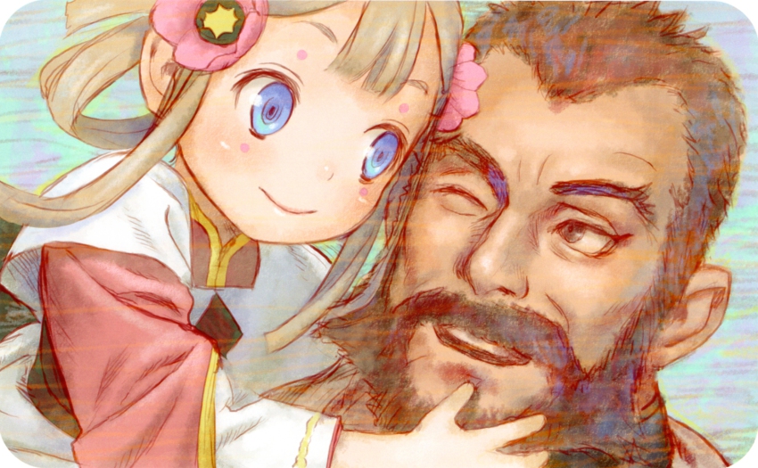 10s, 1boy, 1girl, beard, blue_eyes, brown_hair, child, facial_hair, flower, highres, kayvan, last_exile, last_exile:_gin'yoku_no_fam, murata_range, mustache, official_art, sara_(last_exile), scan, smile