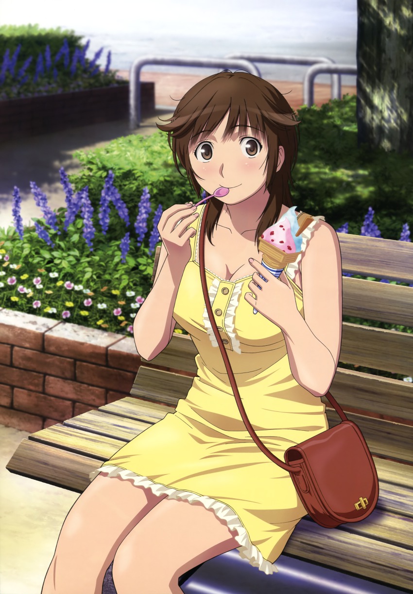 1girl, absurdres, amagami, bag, bench, brown_eyes, brown_hair, dress