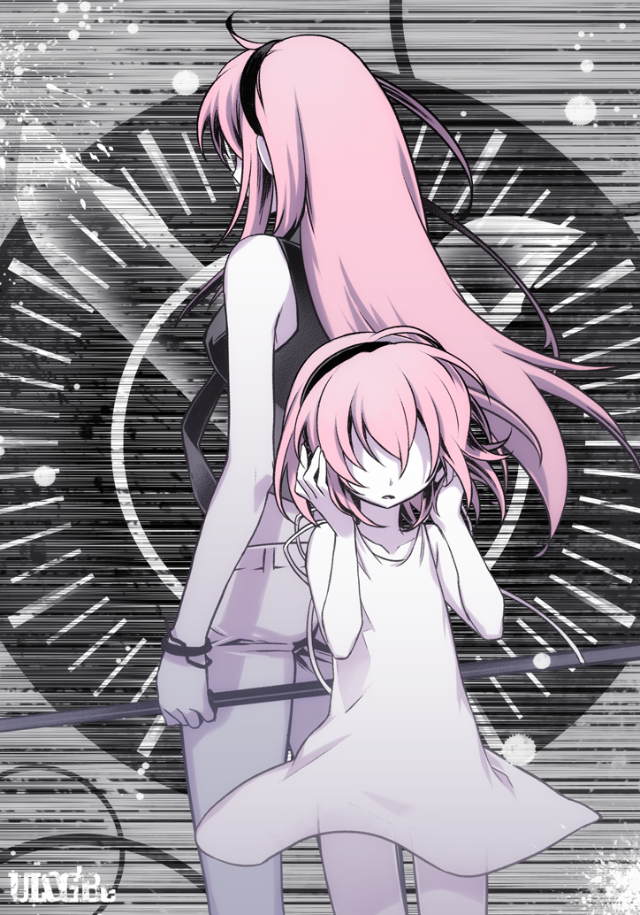 2girls, back-to-back, dual_persona, hair_over_eyes, hairband, knife_(vocaloid), long_hair, megurine_luka