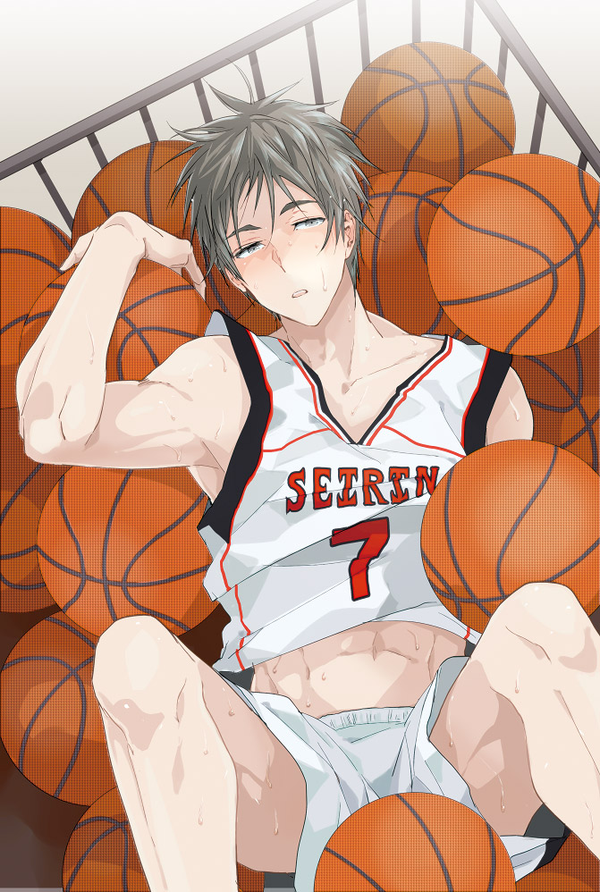 1boy, 7-tan, ball, basket, basketball, basketball_(object), basketball_uniform, clothes_lift, grey_eyes, grey_hair, kiyoshi_teppei, kuroko_no_basuke, lying, male_focus, matching_hair/eyes, muscular, navel, on_back, playing_sports, shirt_lift, shorts, solo, sportswear, sweat, yukowa_(kari)