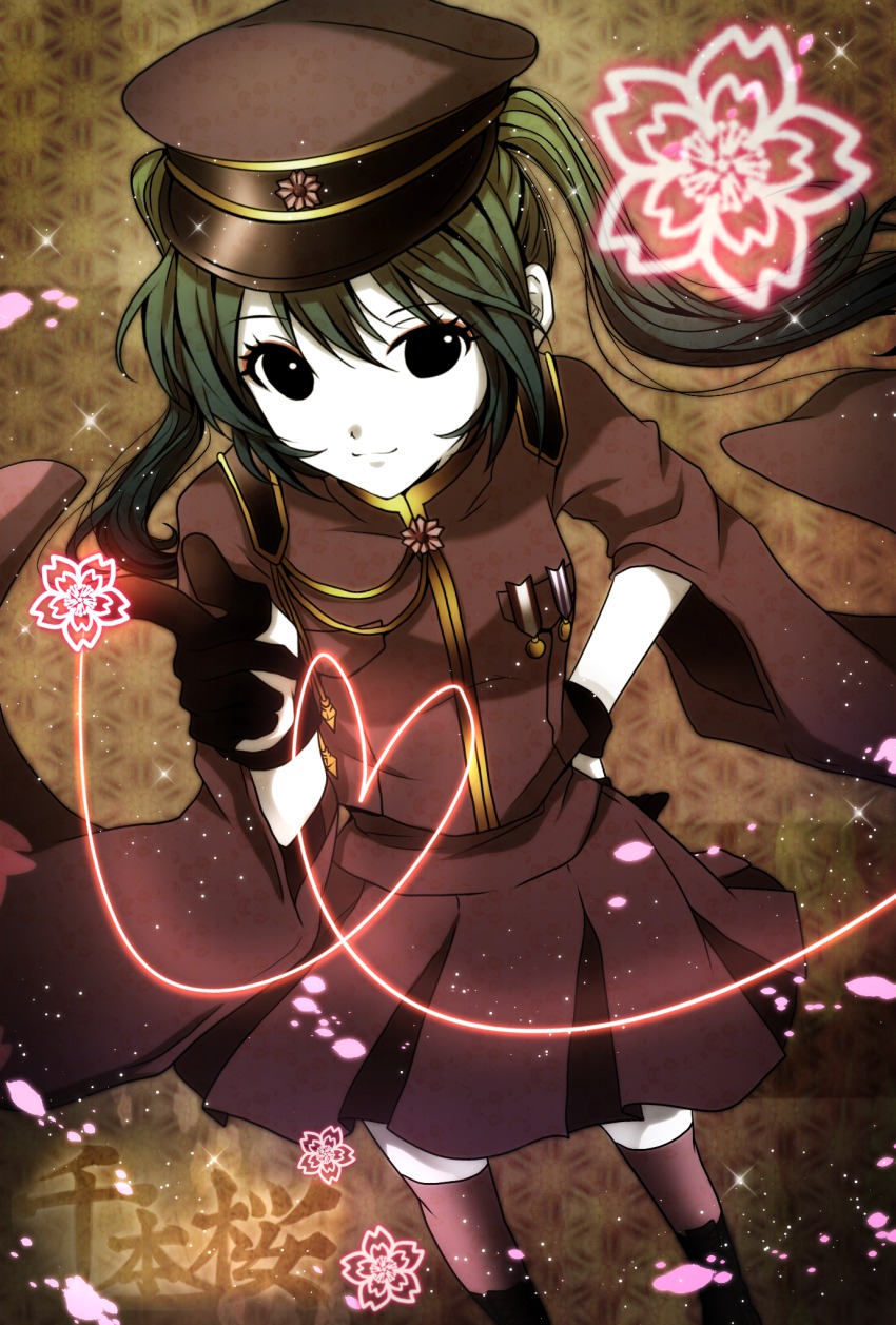 1girl, bad_id, bad_pixiv_id, female_focus, gloves, green_hair, hand_on_own_hip, hat, hatsune_miku, highres, hip_focus, nanami_ruri, peaked_cap, pointing, senbon-zakura_(vocaloid), skirt, solo, thighhighs, twintails, vocaloid